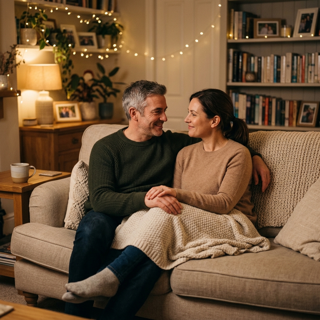A couple sharing an intimate and peaceful moment on a sofa