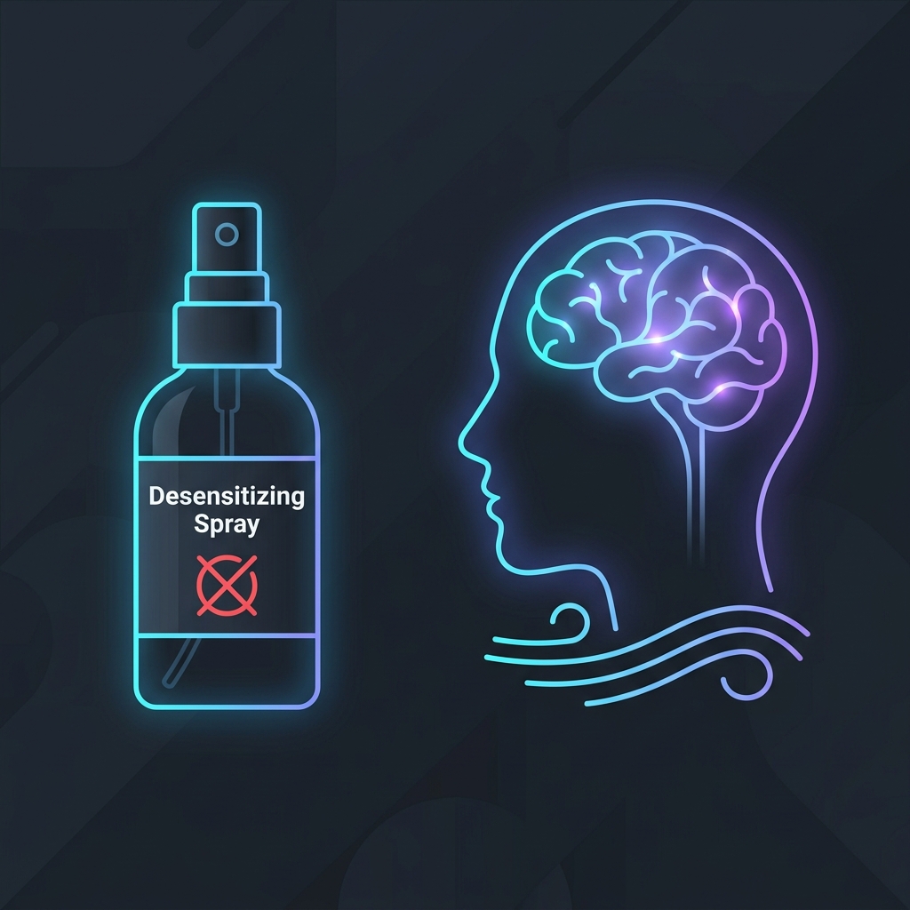 Desensitizing spray bottle compared with a glowing brain model