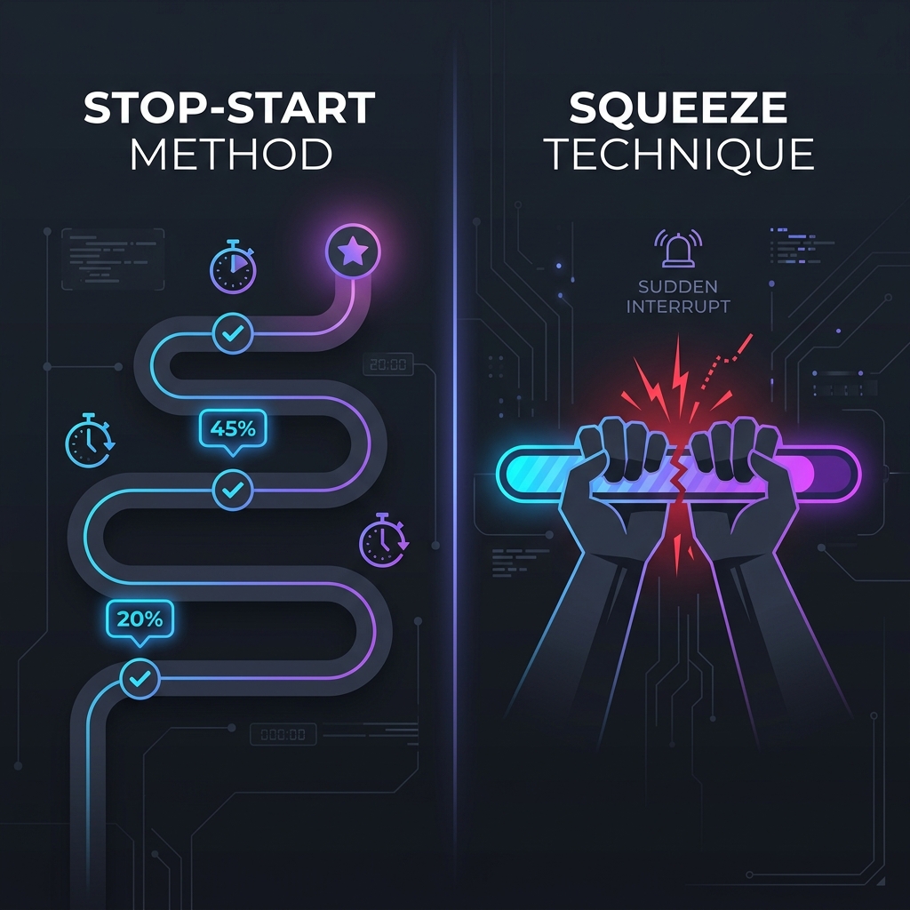 Comparison illustration between stop start method pathway and hands squeezing a bar